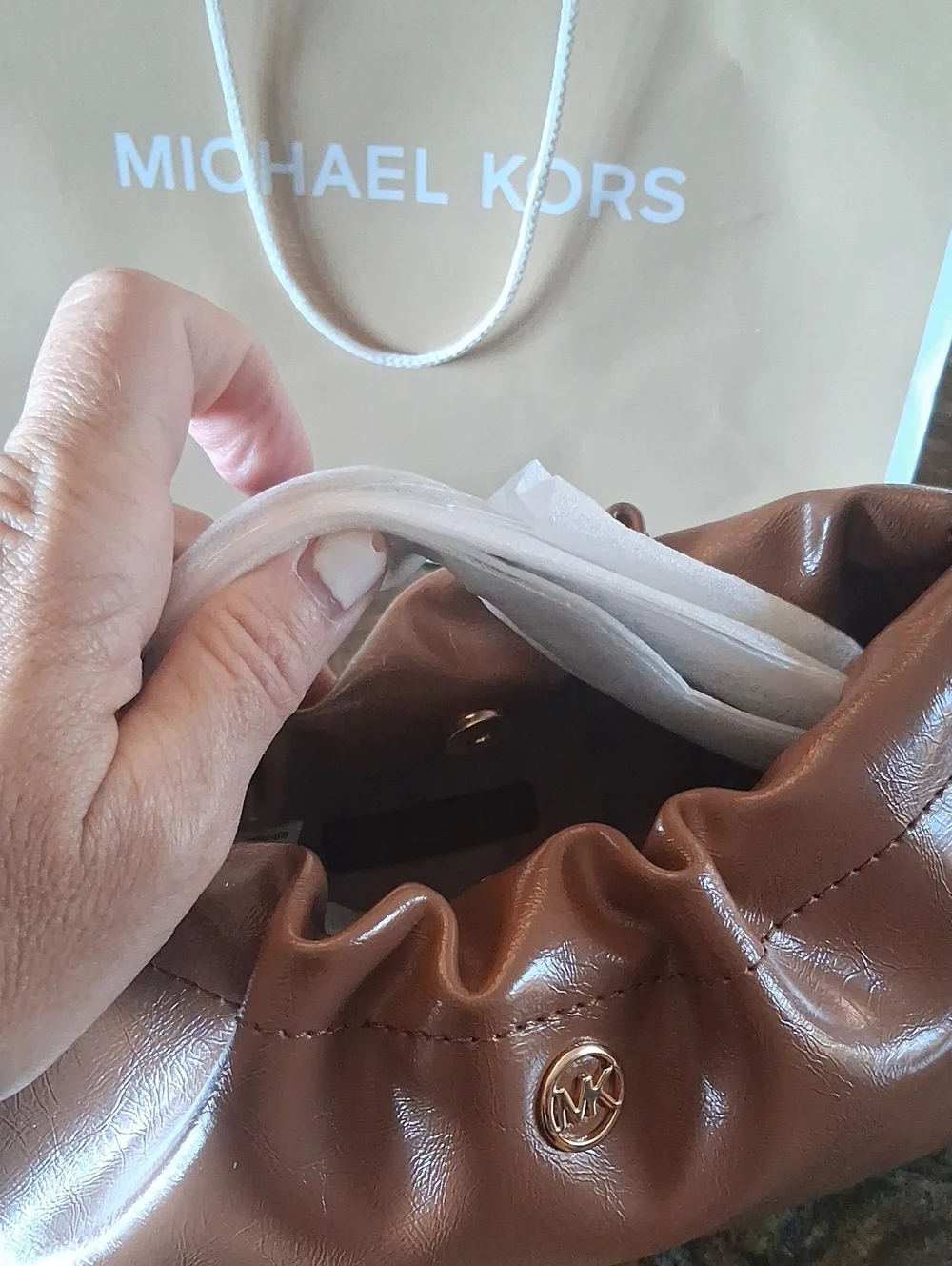 Michael Kors Matilda Cognac Leather Ruched Shoulder Bag with Gold Hardware